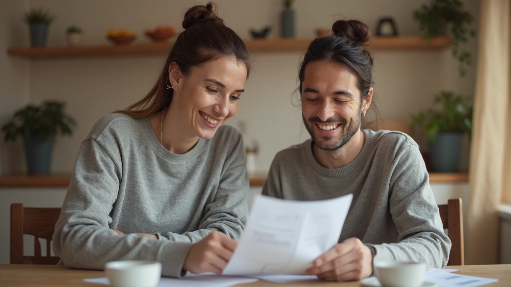 Супружеская пара обсуждает квитанции и финансовые документы за кофе на кухне