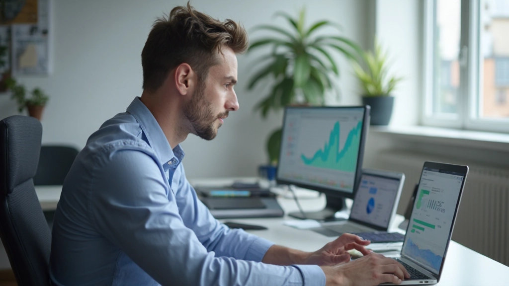 Молодой человек анализирует инвестиционные графики на ноутбуке в офисе